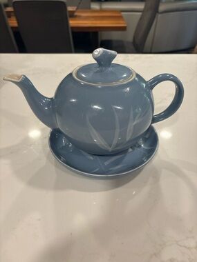 Blue Ceramic Teapot with Saucer - Elegant Leaf Accent